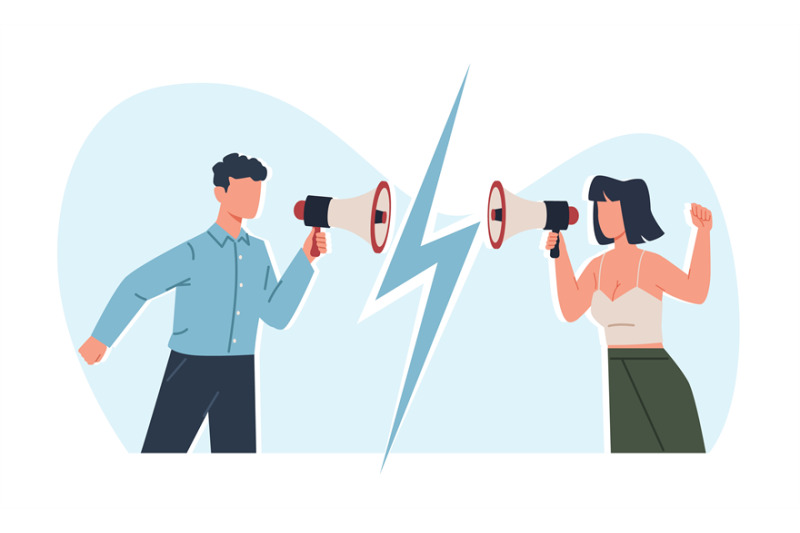 conflict-between-guy-and-girl-man-and-woman-shouting-into-a-megaphone