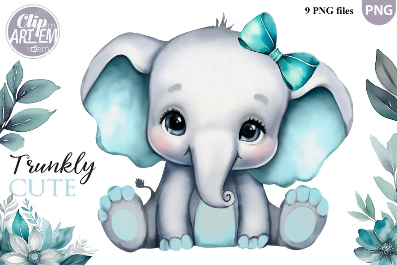 watercolor-floral-unisex-baby-elephant-9-png-files-clip-art-set