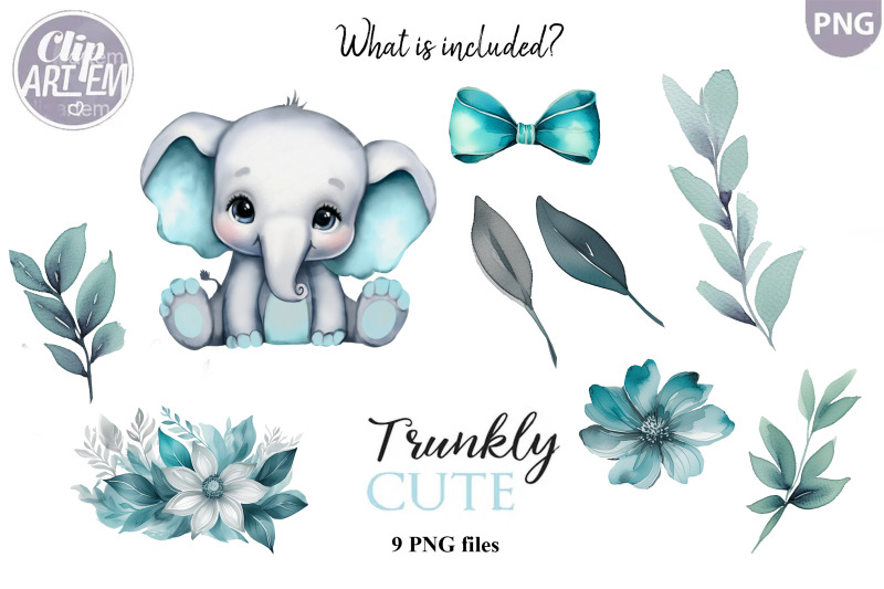 watercolor-floral-unisex-baby-elephant-9-png-files-clip-art-set
