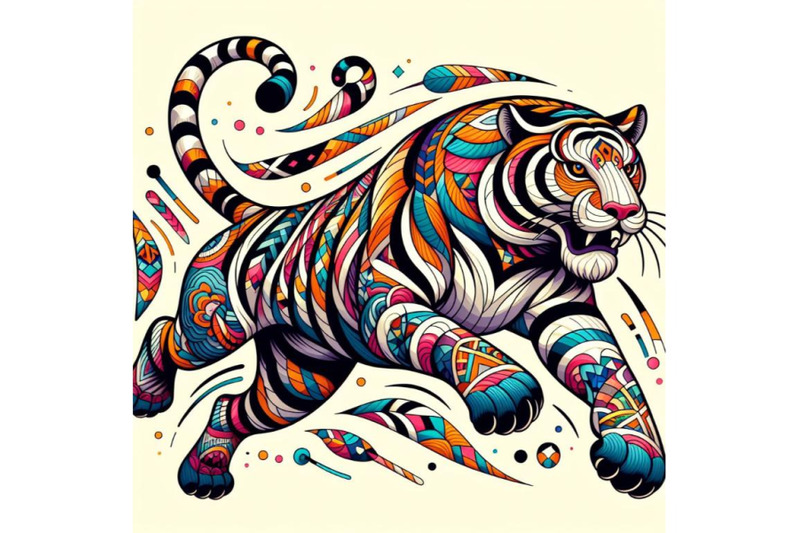 8-a-tiger-running-with-a-colorful-bundle