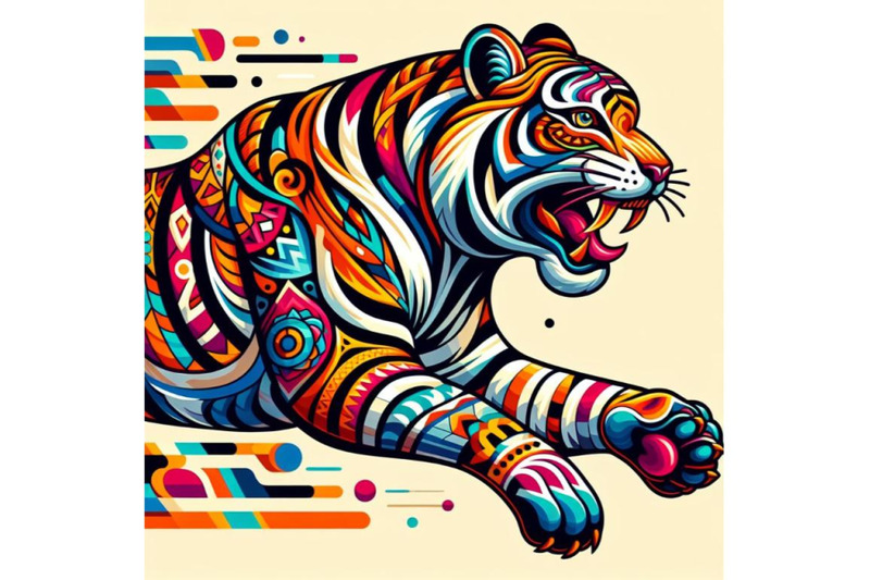 8-a-tiger-running-with-a-colorful-bundle