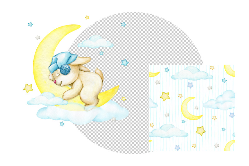sleeping-bunny-digital-paper-moon-sublimation-design-watercolor-illust
