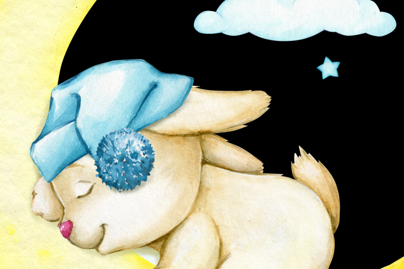 sleeping-bunny-digital-paper-moon-sublimation-design-watercolor-illust