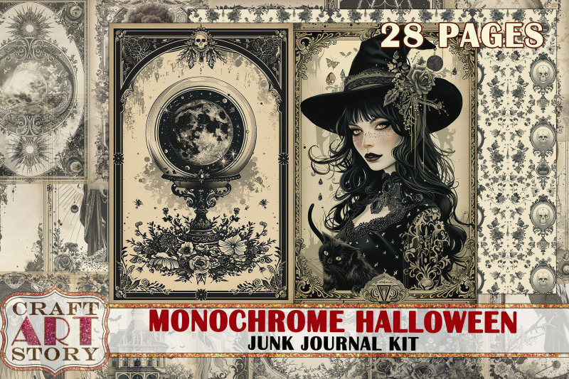 vintage-halloween-junk-journal-pages-monochrome-scrapbook