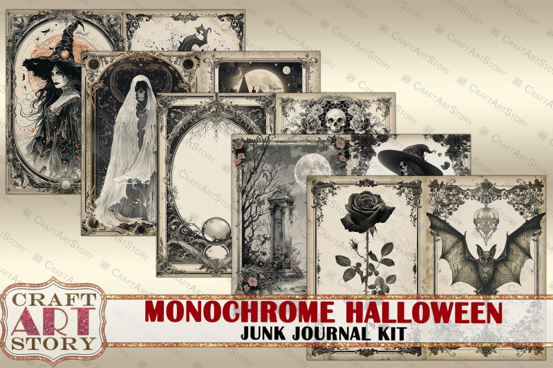 vintage-halloween-junk-journal-pages-monochrome-scrapbook