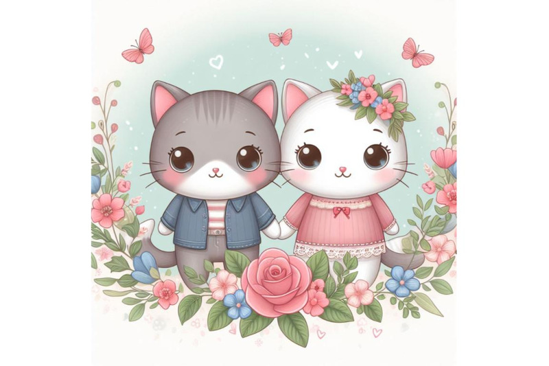 8-cute-couple-cat-with-flora-set