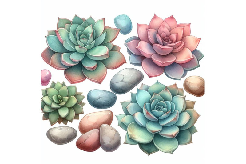 8-watercolor-succulents-stones-on-bundle