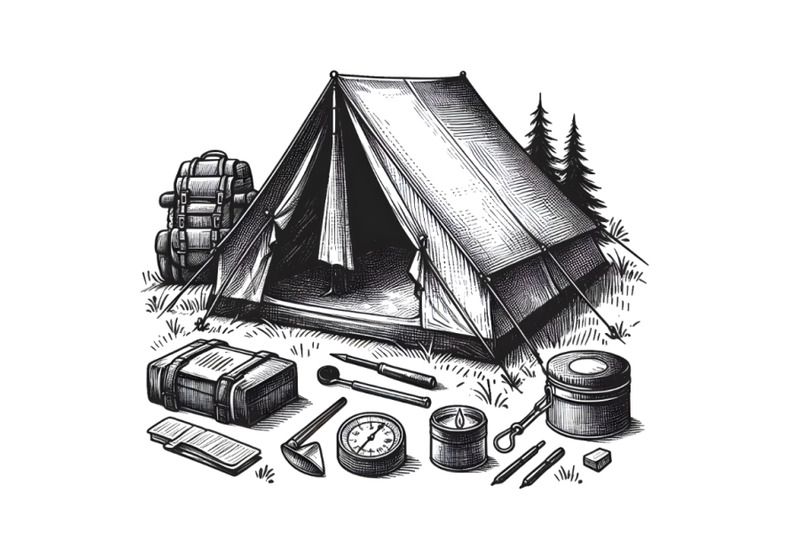 hand-drawn-sketch-of-camping-tent-in-bla