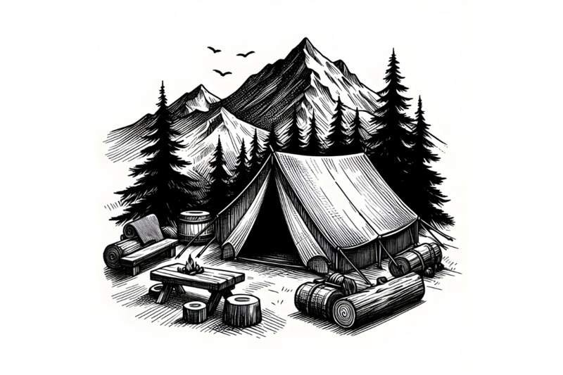 hand-drawn-sketch-of-camping-tent-in-bla