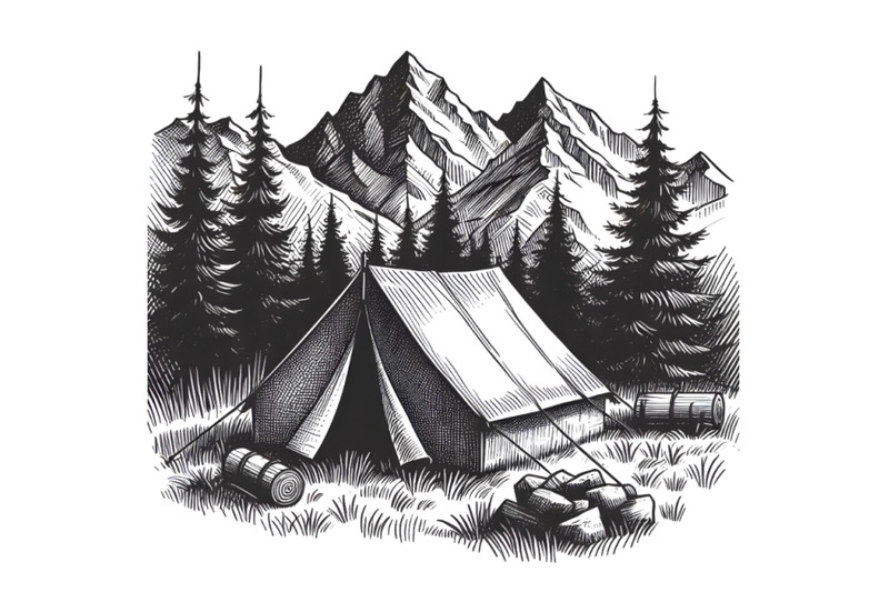 hand-drawn-sketch-of-camping-tent-in-bla