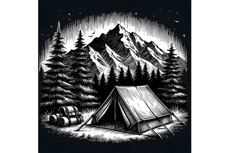 hand-drawn-sketch-of-camping-tent-in-bla