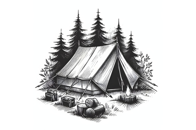 hand-drawn-sketch-of-camping-tent-in-bla