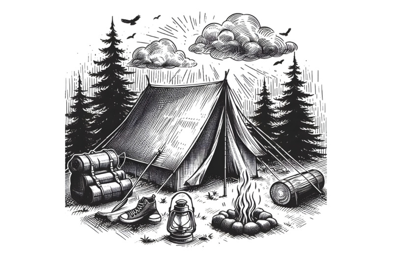 hand-drawn-sketch-of-camping-tent-in-bla