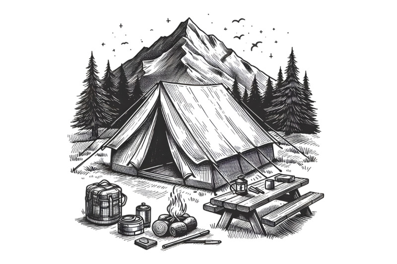 hand-drawn-sketch-of-camping-tent-in-bla