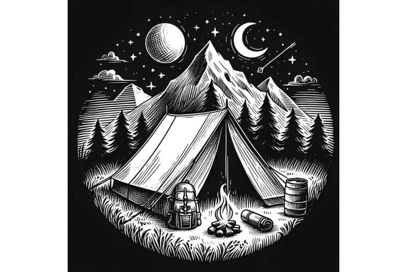 hand-drawn-sketch-of-camping-tent-in-bla