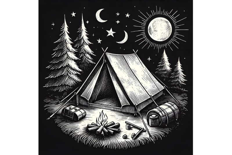 hand-drawn-sketch-of-camping-tent-in-bla