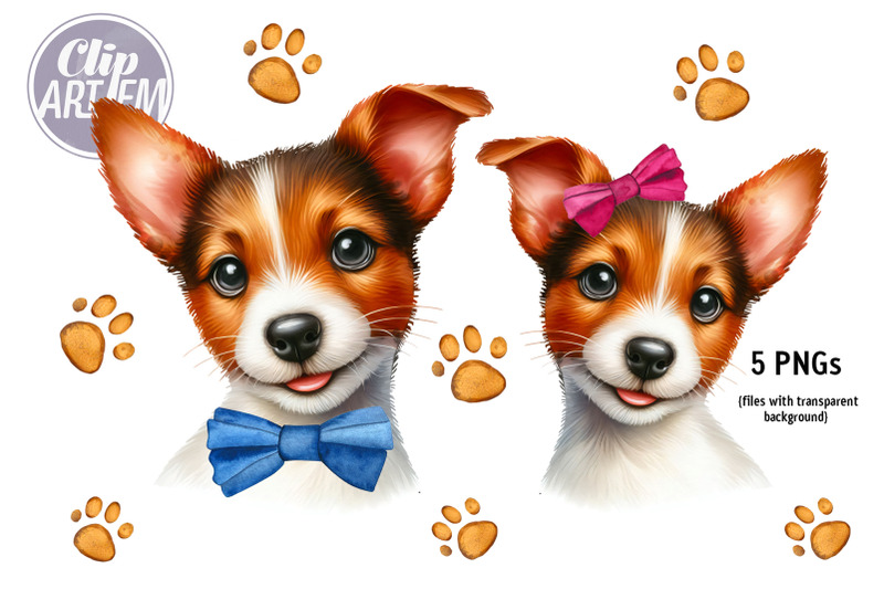 jack-russell-puppy-pink-blue-bow-5-png-watercolor-clip-art-images-set