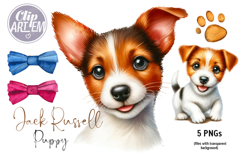 jack-russell-puppy-pink-blue-bow-5-png-watercolor-clip-art-images-set