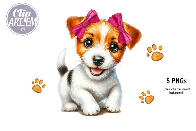 jack-russell-puppy-pink-blue-bow-5-png-watercolor-clip-art-images-set