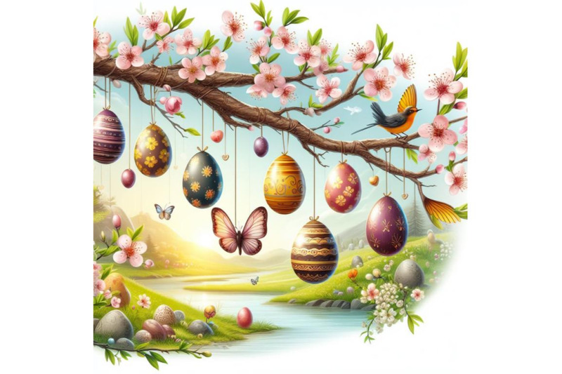 8-easter-eggs-hanging-on-plum-branch