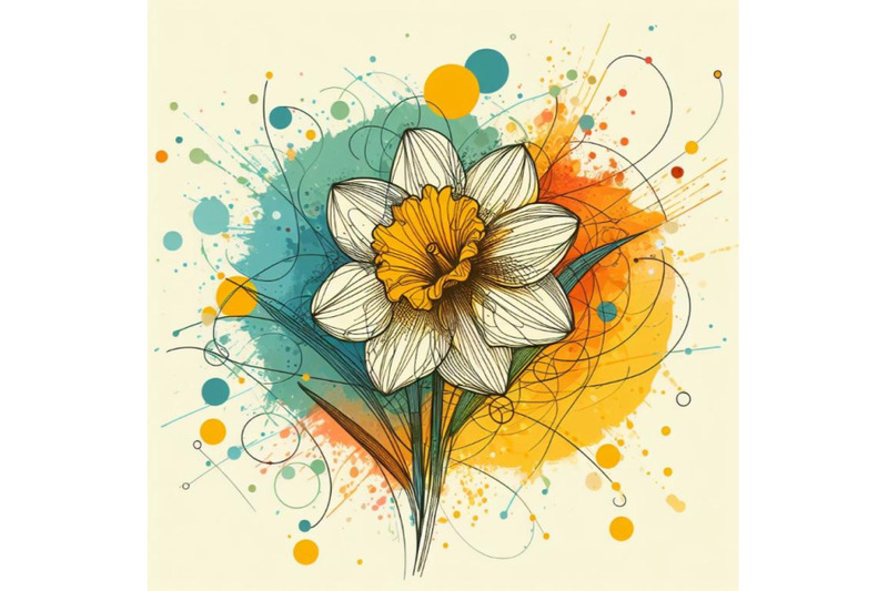 4-abstract-line-art-of-daffodil-flower-with-color-splats