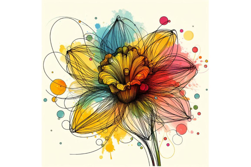 4-abstract-line-art-of-daffodil-flower-with-color-splats