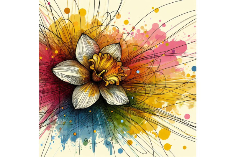 4-abstract-line-art-of-daffodil-flower-with-color-splats