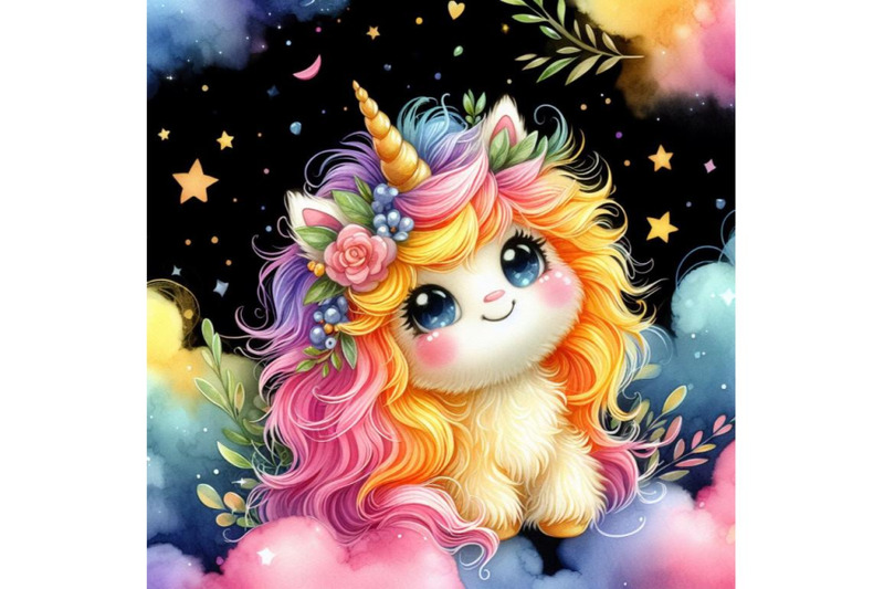 4-watercolor-cute-fluffy-yellow-unicorn-black-background-3d-colorfu