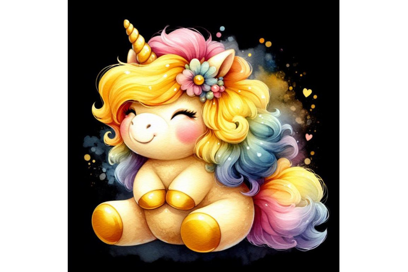 4-watercolor-cute-fluffy-yellow-unicorn-black-background-3d-colorfu