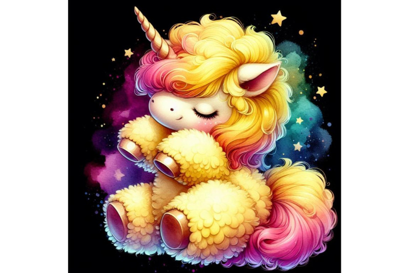 4-watercolor-cute-fluffy-yellow-unicorn-black-background-3d-colorfu