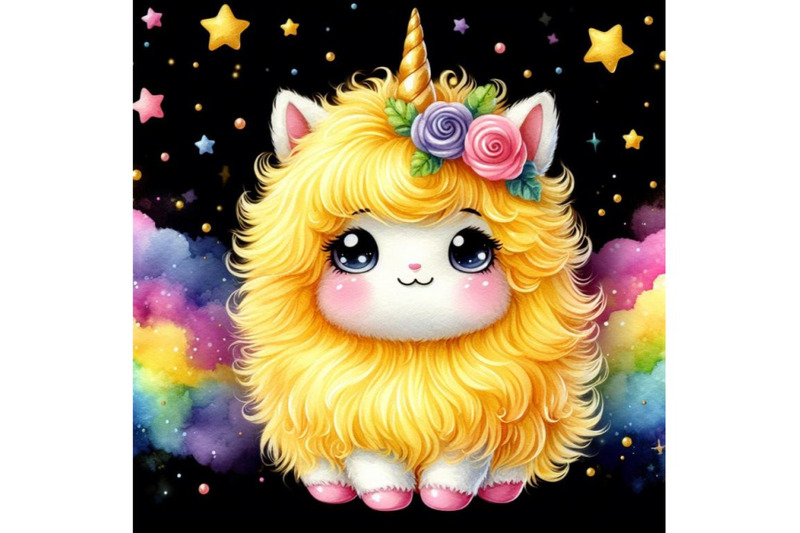 4-watercolor-cute-fluffy-yellow-unicorn-black-background-3d-colorfu