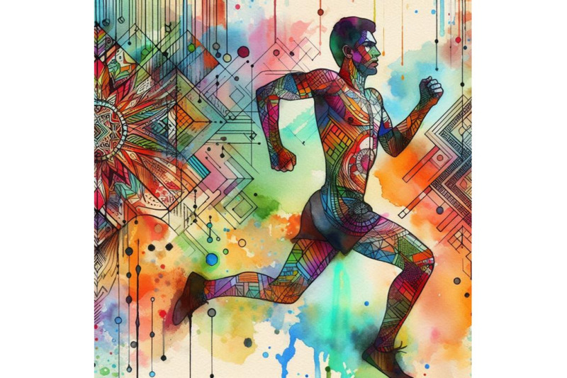 4-watercolor-a-man-running-with-a-colorful-geometric-pattern-on-his-bo