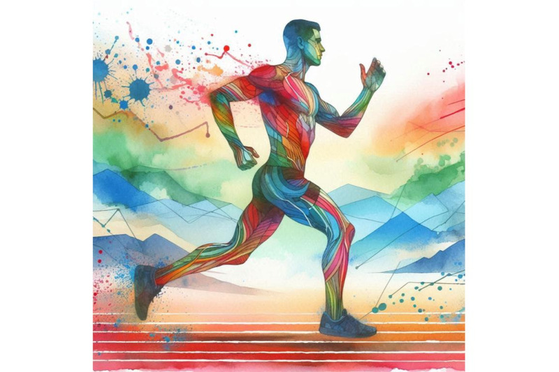 4-watercolor-a-man-running-with-a-colorful-geometric-pattern-on-his-bo