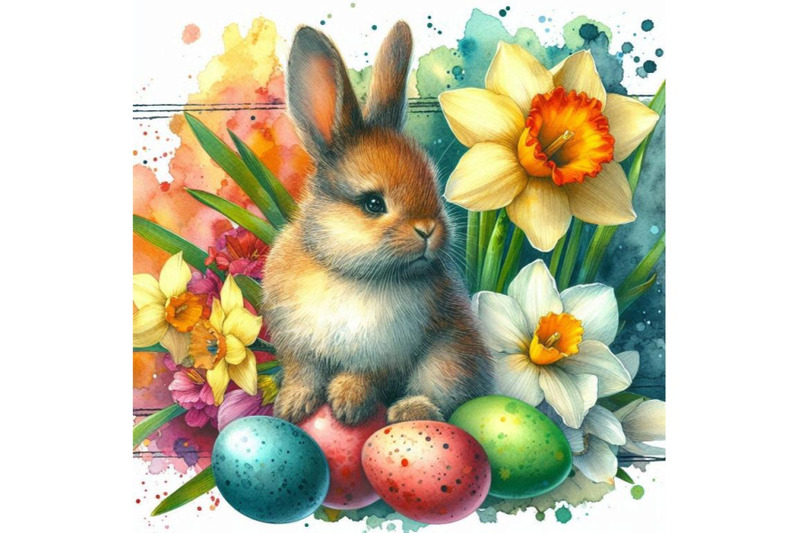 4-watercolor-abstract-bunny-eggs-blooming-narcissus-flower-colorful