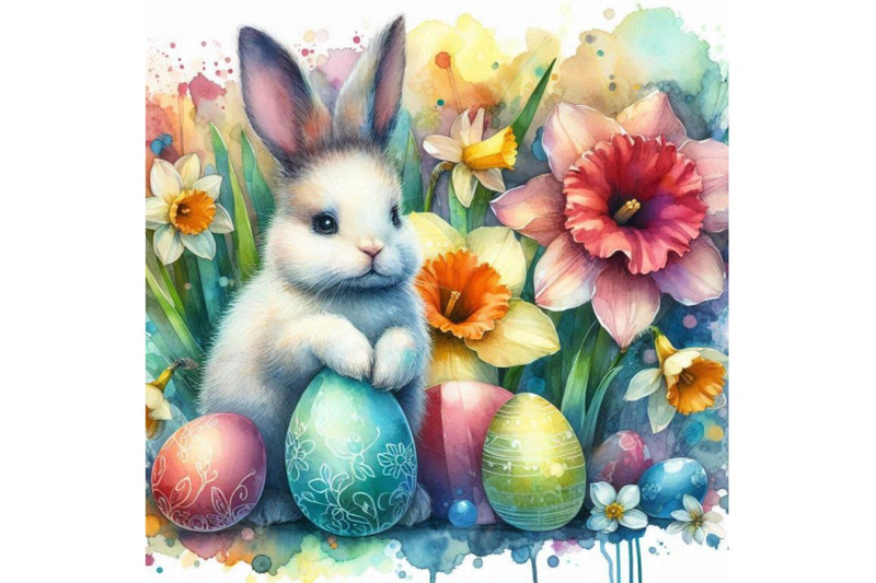 4-watercolor-abstract-bunny-eggs-blooming-narcissus-flower-colorful