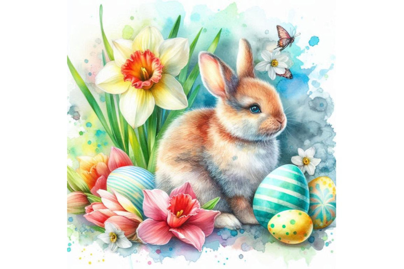 4-watercolor-abstract-bunny-eggs-blooming-narcissus-flower-colorful