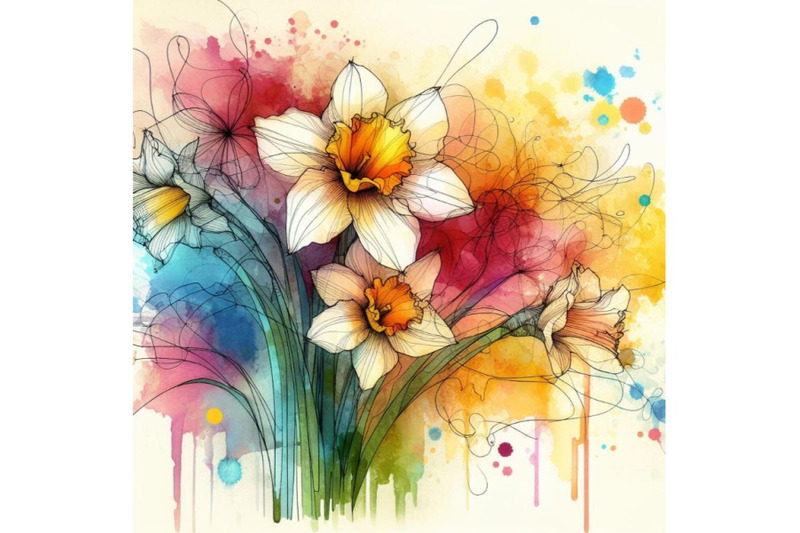 4-watercolor-abstract-line-art-of-daffodil-flower-with-color-splats