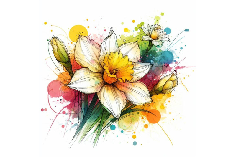 4-watercolor-abstract-line-art-of-daffodil-flower-with-color-splats