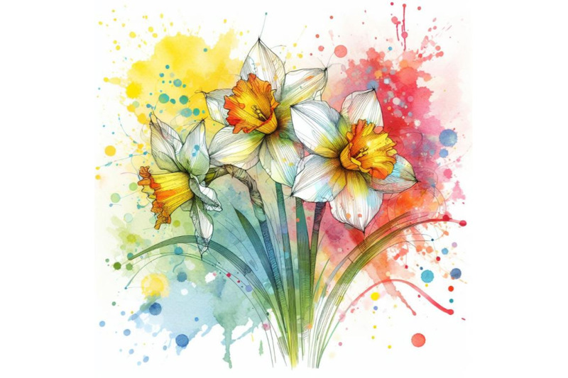 4-watercolor-abstract-line-art-of-daffodil-flower-with-color-splats