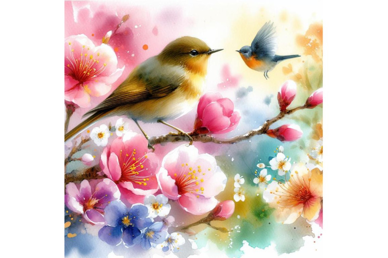 4-watercolor-acrylic-painting-of-bird-and-spring-flower-colorful-bac