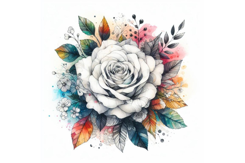 4-watercolor-artistic-doodle-white-rose-hand-drawn-illustration-color