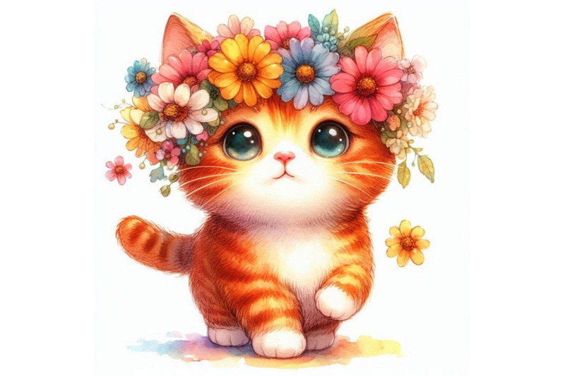 4-a-cute-orange-cat-with-flowers-on-his-head-standingcolorful-backgro