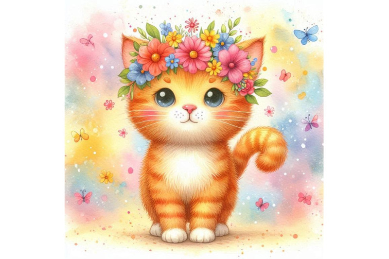 4-a-cute-orange-cat-with-flowers-on-his-head-standingcolorful-backgro