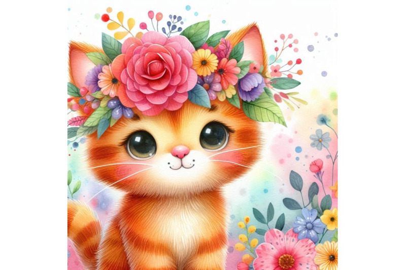 4-a-cute-orange-cat-with-flowers-on-his-head-standingcolorful-backgro