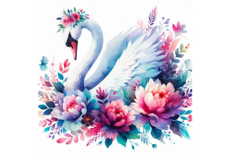 4-watercolor-beautiful-swan-silhouette-with-flowers-flat-illustration