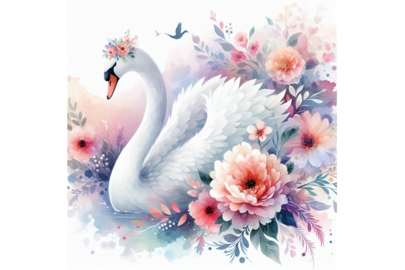 4-watercolor-beautiful-swan-silhouette-with-flowers-flat-illustration