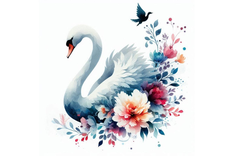 4-watercolor-beautiful-swan-silhouette-with-flowers-flat-illustration