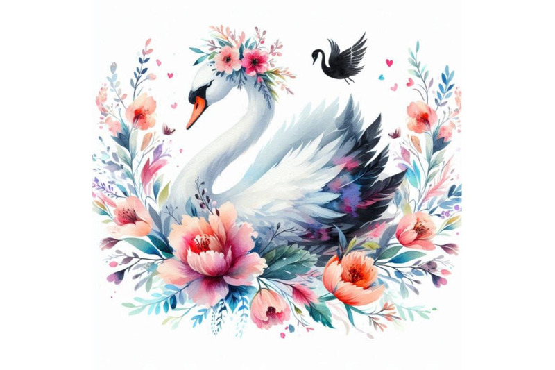 4-watercolor-beautiful-swan-silhouette-with-flowers-flat-illustration