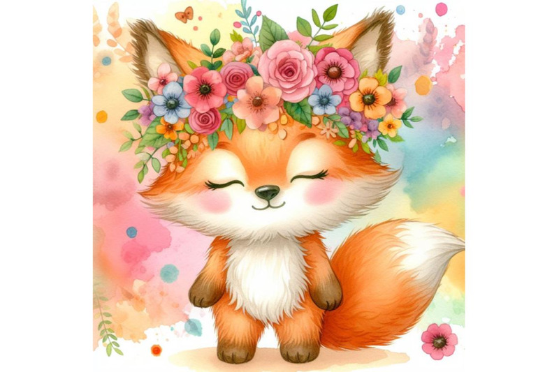 4-a-cute-orange-fox-with-flowers-on-his-head-standingcolorful-backgro