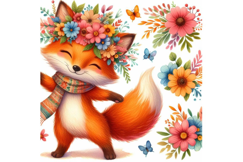 4-a-cute-orange-fox-with-flowers-on-his-head-standingcolorful-backgro